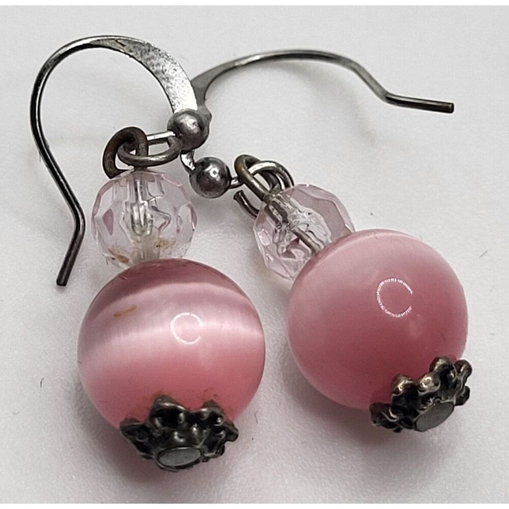 Pink Tiger's Eye Cat Eye Sterling Silver Dangle Drop Hook Earrings 1.5in